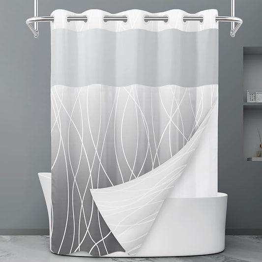 No Hook Ombre Grey Striped Shower Curtain with Snap in Liner Set - Hotel Shower Curtain and Liner Set with See Through Mesh Top Window,Machine Washable, 71x74 INCH
