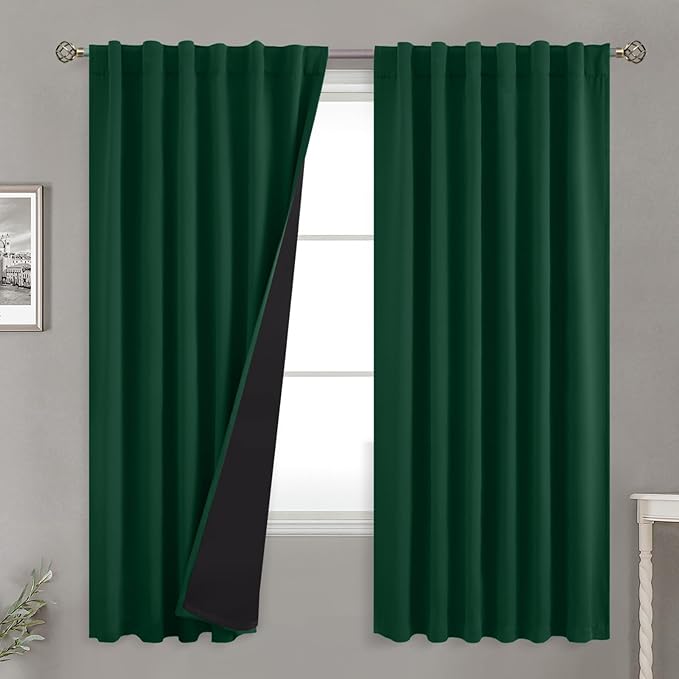 BGment 100% Thermal Insulated Blackout Curtains 72 Inches Long with Liner, Rod Pocket and Back Tab Double Layer Noise Reduce Room Darkening Curtains for Bedroom (52 x 72 Inch, 2 Panels, Emerald)