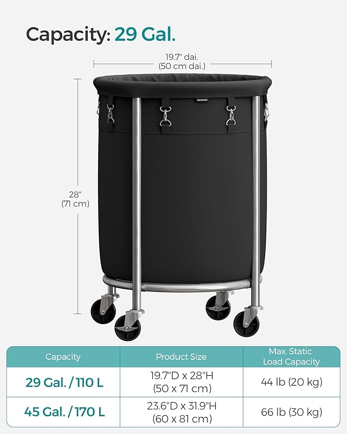 SONGMICS 29-Gallon (110 L) Laundry Basket with Wheels, Rolling Round Heavy-Duty Laundry Hamper Cart with Steel Frame and Removable Bag, 2 Locking Wheels, Ink Black and Metallic Silver URLS002B01