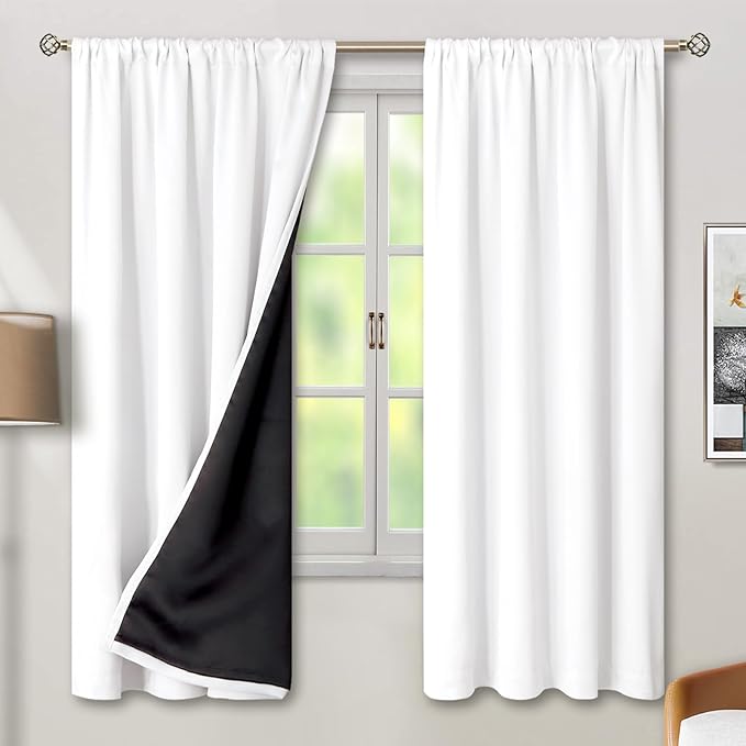 BGment Pure White 100% Blackout Curtains 72 Inches Long with Thermal Insulated Liner, Rod Pocket and Back Tab Double Layer Full Room Darkening Window Curtain for Bedroom, 2 Panels, Each 42 x 72 Inch