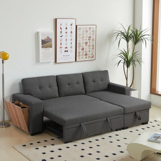 L-Shape Sofa Bed, 92" Sectional Couch with Storage Chaise, Pull Out Sleeper Sofa with Side Compartment, Convertible Corner Couch for Living Room Apartment, Dark Gray