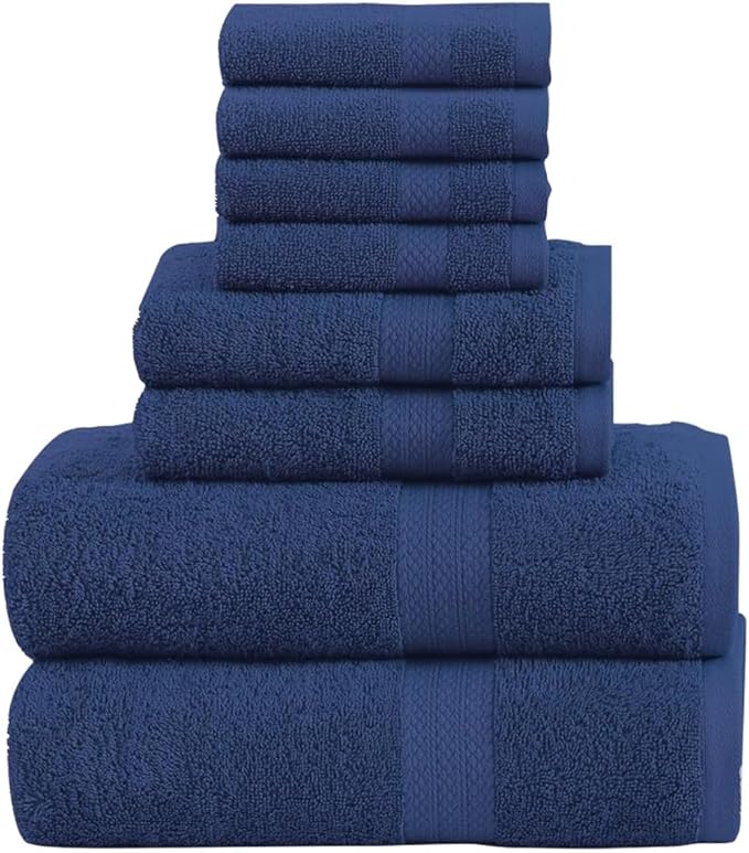 Pack of 8 Towels Set, 2 Large Bath Towels, 2 Hand Towels, 4 Wash Cloths, 100% Cotton, Lighter Weight, Quicker to Dry, Super Absorbent, Perfect for Bathroom (Navy)