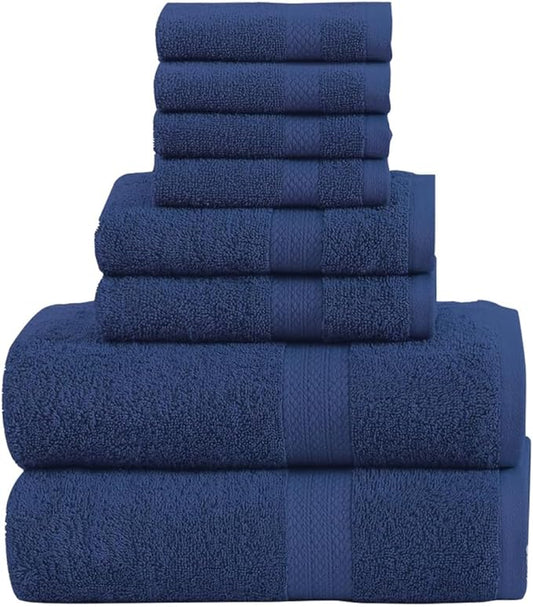 Pack of 8 Towels Set, 2 Large Bath Towels, 2 Hand Towels, 4 Wash Cloths, 100% Cotton, Lighter Weight, Quicker to Dry, Super Absorbent, Perfect for Bathroom (Navy)