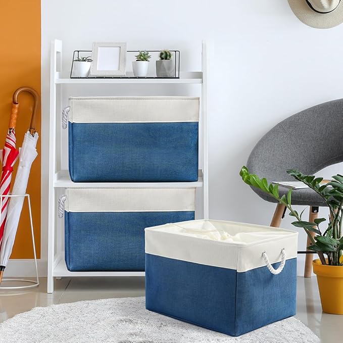 TheWarmHome Organization and Storage Basket for Shelves - Jumbo 3 Pack 20x16x14 inch Collapsible Storage Bins for Organizing, Canves Storage Cubes for Gift Organizer Toys Closet (White & Jean Blue)