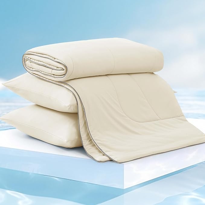 Monbix ChillChilla Cooling Comforter Queen Size-3 Pieces Cooling Blankets for Hot Sleepers and Night Sweats, Double-Sided Summer Queen Comforter Set, Breathable Lightweight Blanket Cream White
