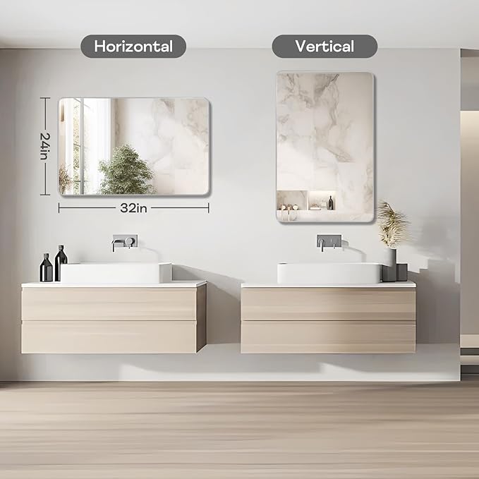 Silver Framed Bathroom Mirror, Brushed Nickel Rounded Corner Rectangle Wall Mirror, Tempered Glass, Shatter Proof, Anti-Rust, Hangs Horizontally or Vertically (24" x 32", Silver)