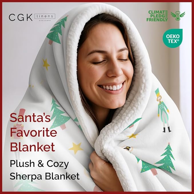 Christmas Sherpa Blanket Throw Size - Reversible Sherpa Fleece Blanket - Super Soft Double Sided Throw for Bed, Sofa, Couch - Thick, Warm, Cozy & Plush - Xmas Winter Bedding - Christmas Print, 50x60