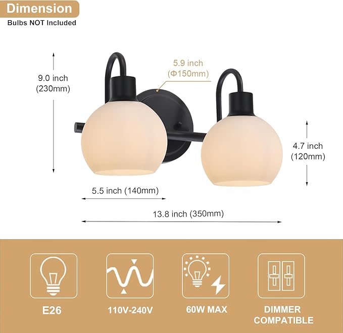 2-Light Black Bathroom Light Fixture, Milk White Globe Wall Sconce Lamp for Hallway Bedroom Foyer Cabinets, Modern Vanity Lights E26 Socket