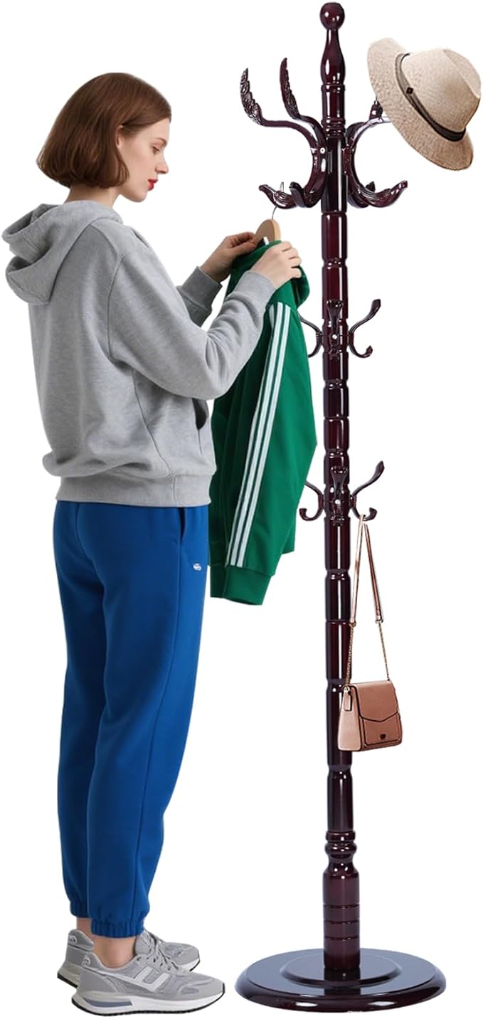 Coat Racks Freestanding, Natural Wood Coat Stands with 14 Hooks, 73" Heavy Duty Adjustable Height Vintage Hall Tree for Entryway, Bedroom, Office, Easy Assembly (Rosewood Fenghuang Gou)
