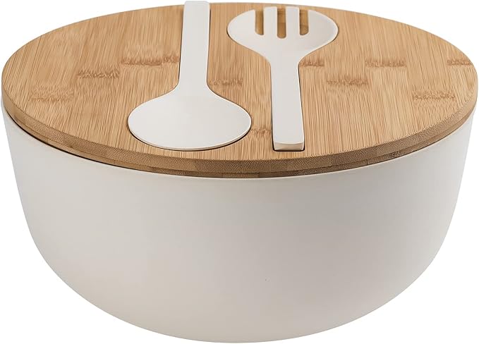 Bamboo Fiber Salad Bowl with Servers Set Large 9.8inches Nature Bamboo Mixing Bowl with Servers with Lid Spoon and Fork for Fruits,Salads and Vegetables