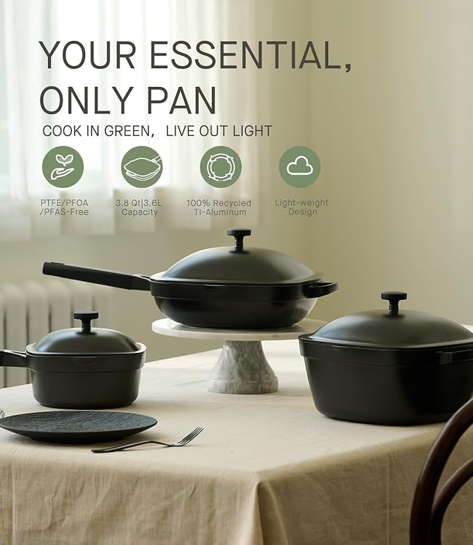 10.5 Inch(3.8QT) Ceramic Pan with Lid,Non Stick Frying Pans Cast Aluminum Deep Sauté Pans,Ti-Ceramic Non Toxic Pix Pan with Wooden Spatula and Scrubber-Midnight Hearth