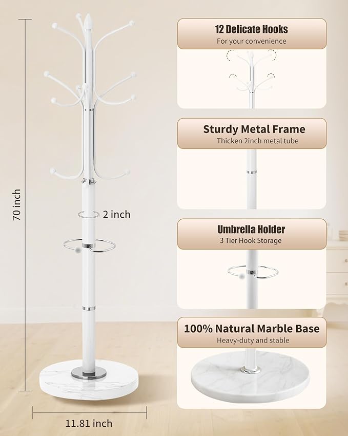 Metal Coat Rack with Natural Marble Base, Coat Rack Stand with 12 Hooks & Umbrella Holder, White Modern Freestanging Coat Racks, Coat Jacket Hanger Tree Stand for Corner Entryway Office