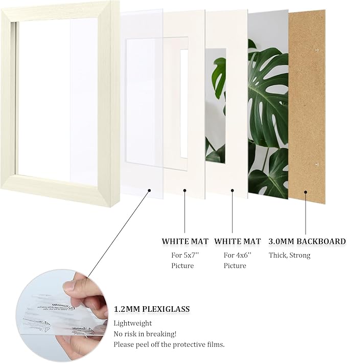 Egofine 6x8 Picture Frame Made of Solid Wood with Plexiglass, Display Pictures 4x6/5x7 with Mat or 6x8 Without Mat for Tabletop and Wall Mounting, Beige