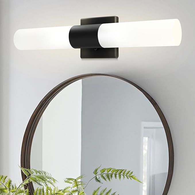 Bathroom Wall Sconces Set of Two, 21 Inch Modern Vanity Lights with Frosted Glass Shade, Bathrooms Vanity Lighting Fixtures for Mirror Bedroom Living Room Hallway (Black)