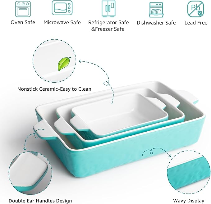 Casserole Dishes for Oven, Ceramic Baking Dishes, Lasagna Pan with Handles, Porcelain Baking Pan Deep, Bakeware for Baking, Cooking, Wedding Gift, Set of 3 (11.6" x 7.8", Aquamarine)