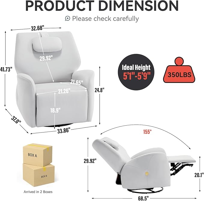 Power Recliner Chairs for Women, 270° Swivel Recliner Rocker Chair with Charging Ports, Reclining Rocking Glider Chair for Nursery, Polyester Fabric White