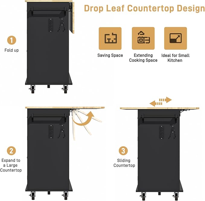 55" Movable Kitchen Island with Drop Leaf and Power Outlet, Rolling Cart with Storage Cabinet, Island Table on Wheels for Kitchen with 2 Drawers, Spice Rack, Towel Bar, Garage Hook, Black