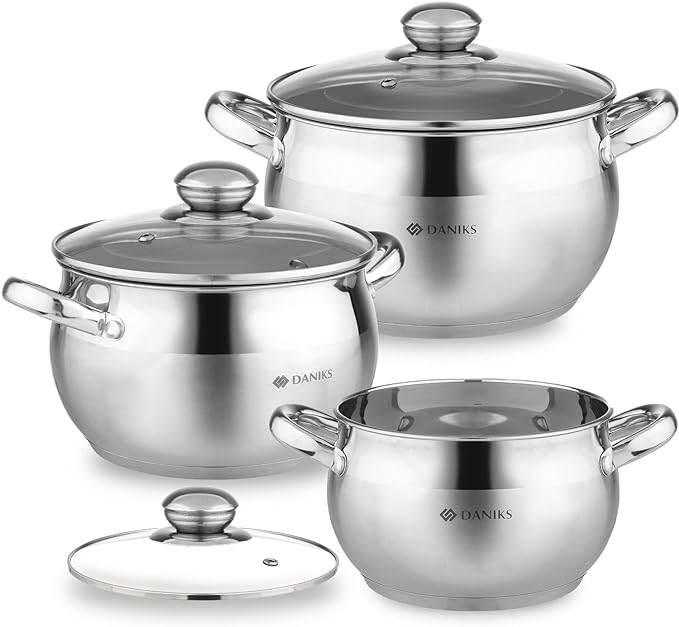 Daniks Classic 6-Piece Stainless Steel Induction Cookware Set – Dishwasher Safe Pots with Lids, Measuring Scale, Silver