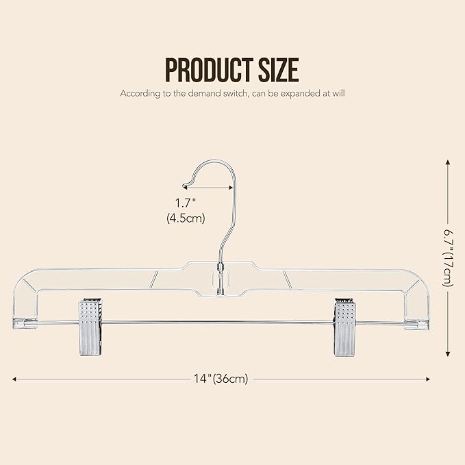 HOUSE DAY Clear Pants Hangers with Clips 12 Pack, Plastic Skirt Hangers for Women, 14 Inch Clip Hanger for Pants, Skirts, Jeans, Shorts, Legging, with 360-degree Swivel Hook, 2 Adjustable Clips