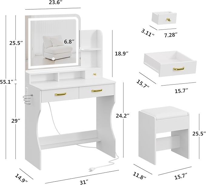 Whalefall Vanity Desk with Mirror and Lights, 31'' Wide Makeup Table with Power Outlets and Chair, 3 Lighting Modes & Adjustable Brightness, Storage Drawer & Open Shelves, for Women Girls Bedroom