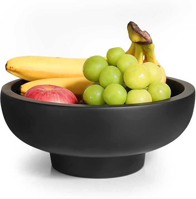 Concrete Fruit Bowl – Large Decorative Pedestal Bowl for Kitchen Counter, Entryway, or Coffee Table – Modern Catch – All Key Bowl – Heavyweight Centerpiece for Home Decor (Black)