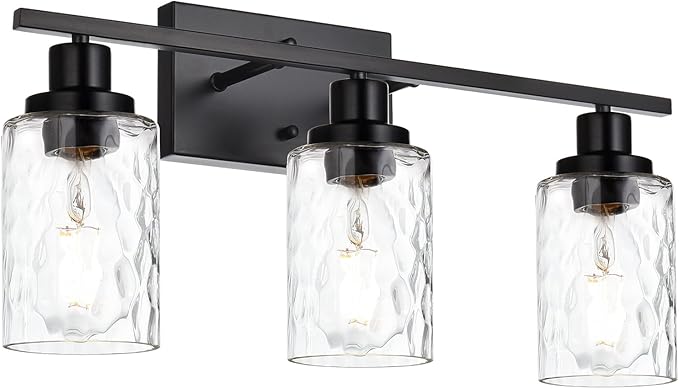 MELUCEE 3-Light Bathroom Light Fixtures, Vanity Lights Over Mirror Black Finish with Hammered Glass, Industrial Wall Light Fixture Suitable for Living Room Porch Kitchen (Patent No.: US D963914 S)