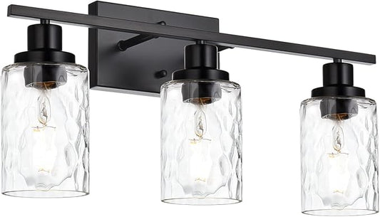 MELUCEE 3-Light Bathroom Light Fixtures, Vanity Lights Over Mirror Black Finish with Hammered Glass, Industrial Wall Light Fixture Suitable for Living Room Porch Kitchen (Patent No.: US D963914 S)