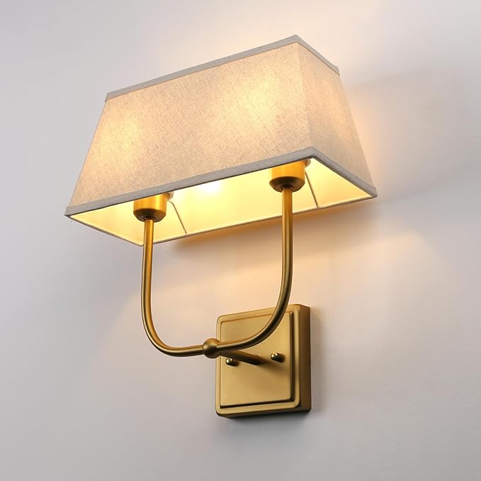 Vintage 2-Lights Wall Sconces with Linen Fabric Lampshade, Double Head Bathroom Vanity Lights Fixture in Antique Brass, Indoor Wall Lamps for Bedroom Living Room Hallway Stairway