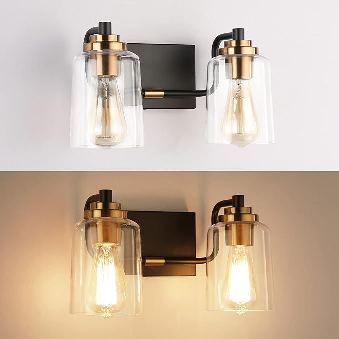 SOLFART Vintage Bathroom Vanity Light Black Bathroom Light fixtures Over Mirror Metal with Clear Glass Brass Fixtures Wall Mount Wall Lighting Sconce (2 Lights)