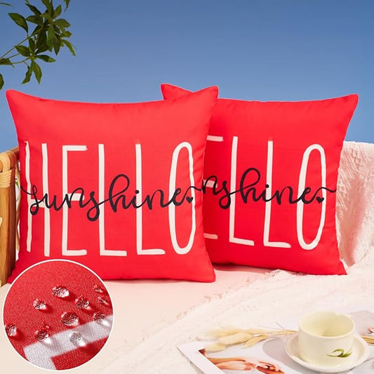 DFXSZ Outdoor Pillow Covers 18x18 Inch Set of 2 Hello Sunshine Decor Red Waterproof Throw Pillow Covers Summer Outdoor Waterproof Pillow Covers Decor for Patio Funiture Garden Sofa Couch 020A18