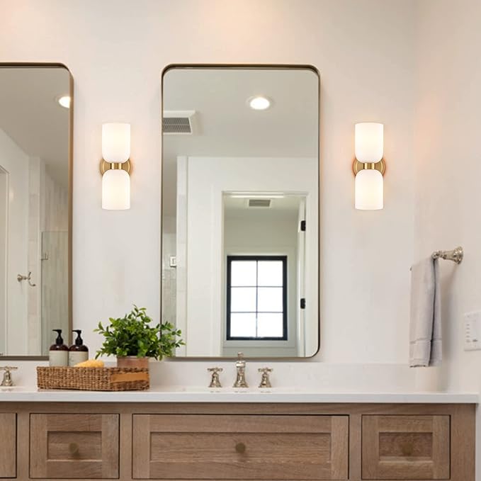 CLAXY Modern Gold Bathroom Vanity Milky Glass Wall Sconce Bathroom Light Fixtures with 2-Light Dimmable