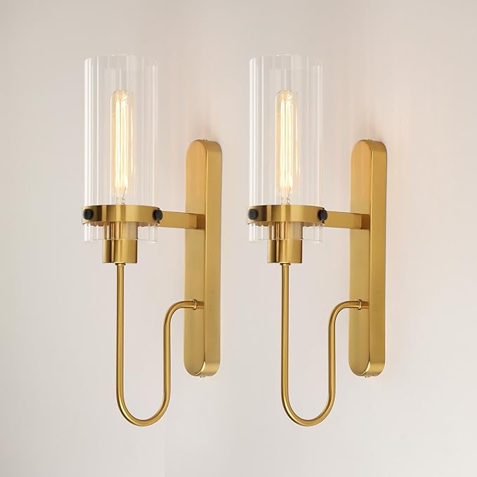 Gold Wall Sconces Set of 2, Modern Bathroom Lights with Clear Glass Shade, Indoor Farmhouse Wall Sconce for Living Room, Bedroom, Hallway, Vanity, Stairwell and Kitchen