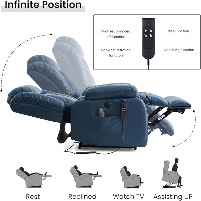 TEKAMON Power Lift Recliner Chair for Elderly with Heat & Massage, Dual Motor Breathable Leather Recliner, Lay Flat Sleeping Chairs with Infinite Position, RemoteControl & USB Ports(Deep Blue)