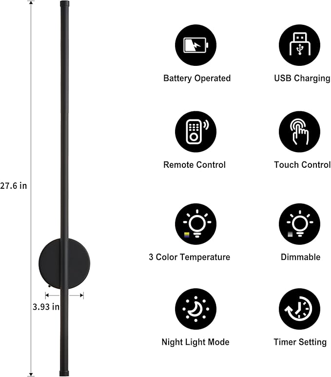 Battery Operated Modern Wall Sconces, Dimmable Wireless Wall Light Set of Two with Remote Control, 3 Color Temperatures, Rechargeable LED Wall Sconce for Bedroom, Living Room, Hallway, 27.6 Inch Black