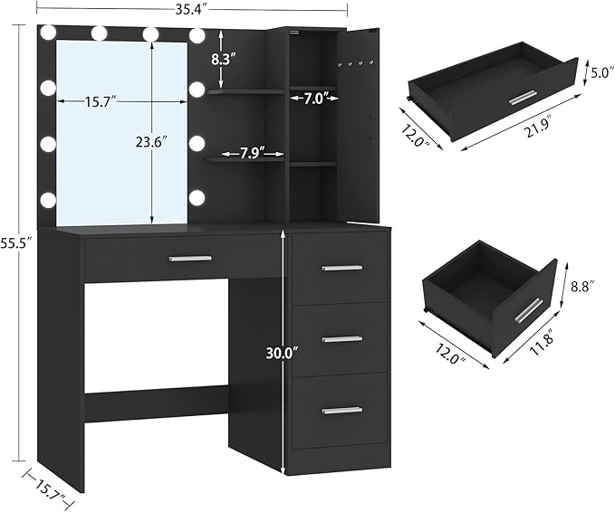usikey sikey Makeup Vanity with Lights, Vanity Desk with Mirror and 10 LED Lights, Vanity Table Set with 4 Drawers, Cabinet & 4 Necklace Hooks, Dressing Table for Bedroom,Black