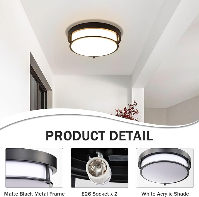 12 inch Black Flush Mount Ceiling Light, 2-Light Hallway Light Fixtures Ceiling, Modern Light Fixtures Ceiling Mount for Kitchen Entryway Bedroom, E26 Socket