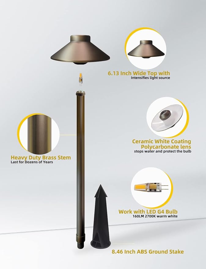 COLOER Brass Low Voltage Pathway Lights Wired 4-Pack with 2W LED G4 Bulb,12V Waterproof China Hat Outdoor Path Lighting for Yard, Patio, Landscape, Planter, Walkway(602B)