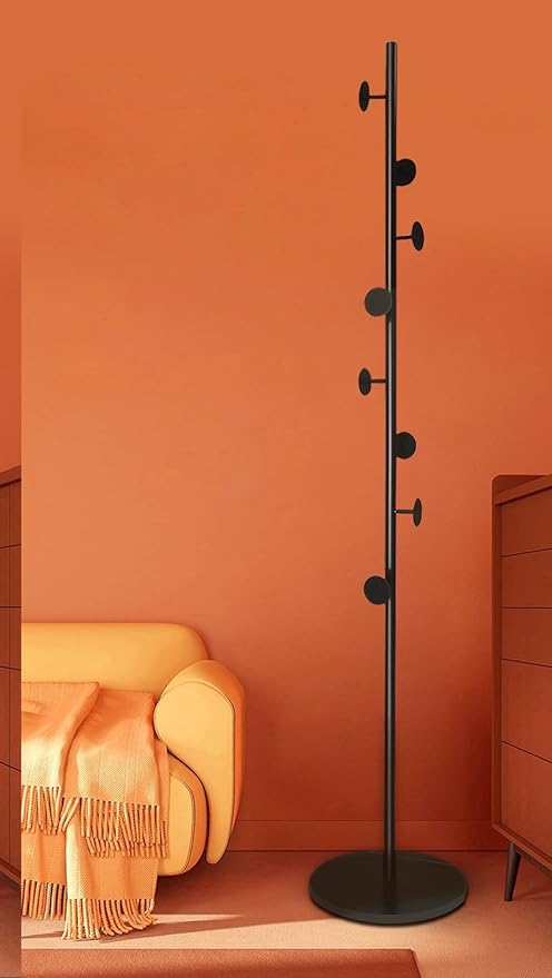 Coat Tree Freestanding, Metal Coat Rack Tree with 8 Hooks, Free Standing Hanger for Hats Scarves Purses Umbrellas, Coat Stands with Stable Base for Entryway Bedroom, Black