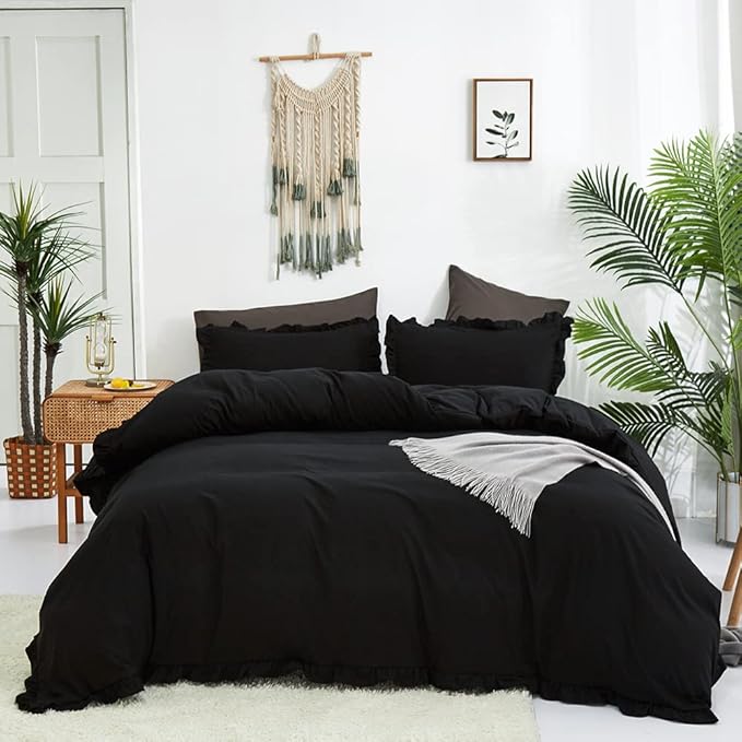 CLOTHKNOW Black Ruffles California King Comforter Set Farmhouse Bedding Comforter Sets Boho Comforter Shabby Chic Comforter with 2 x Pillow Cases