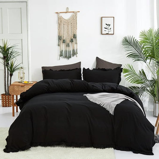 CLOTHKNOW Black King Size Comforter Set 3Pieces Ruffles Bedding Comforter Sets Shabby Chic Comforter Boho Comforter with 2 x Pillow Cases