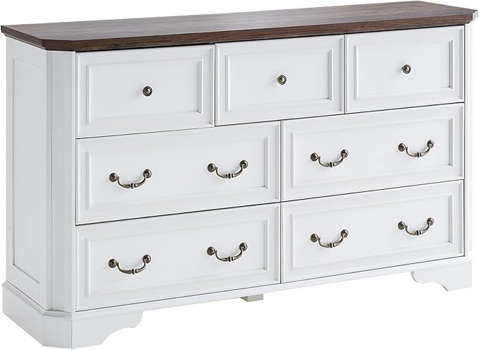Farmhouse 54" 7 Drawers Dresser, Wood Rustic Chest of Drawers Dresser with Corner Bevel Shape, Closet Storage Dressers for Bedroom, Living Room, Hallway, Antique White