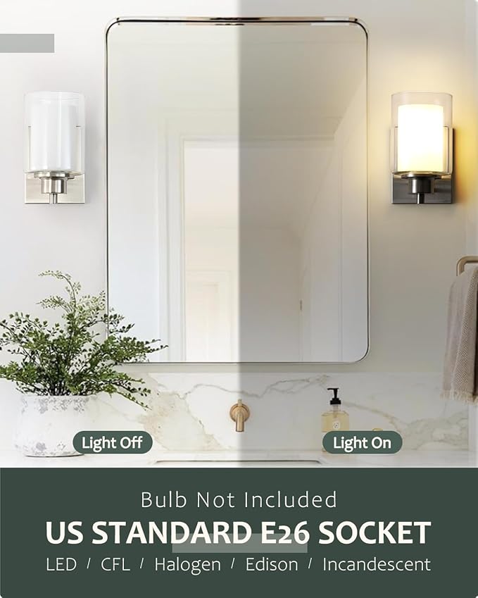 3 Pack Bath Vanity Light Fixtures 1-Light, Indoor Brushed Nickel Wall Light with Dual Glass Shade, Farmhouse Bathroom Wall Scone