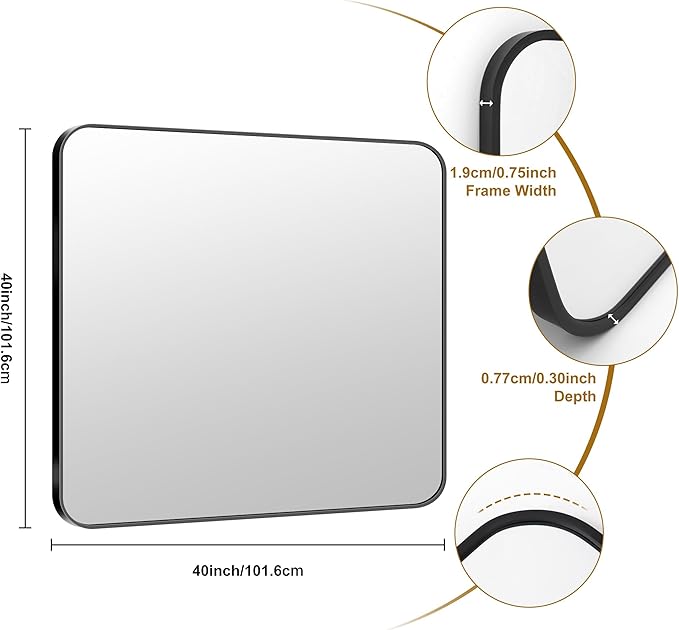 KOCUUY Black Bathroom Mirror 40"x40", Large Square Vanity Mirror with Rounded Corner, Metal Black Frame with Mordern Design for Bathroom, Living Room, Entryway, Hang Horizontal/Vertical
