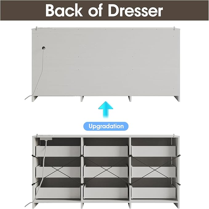 Fameill Dresser for Bedroom, 9 Drawer Wide Dresser Organizer with Charging Station, Tall Dresser for Hallway, Wood Dresser with Metal Handles, Woodgrain White