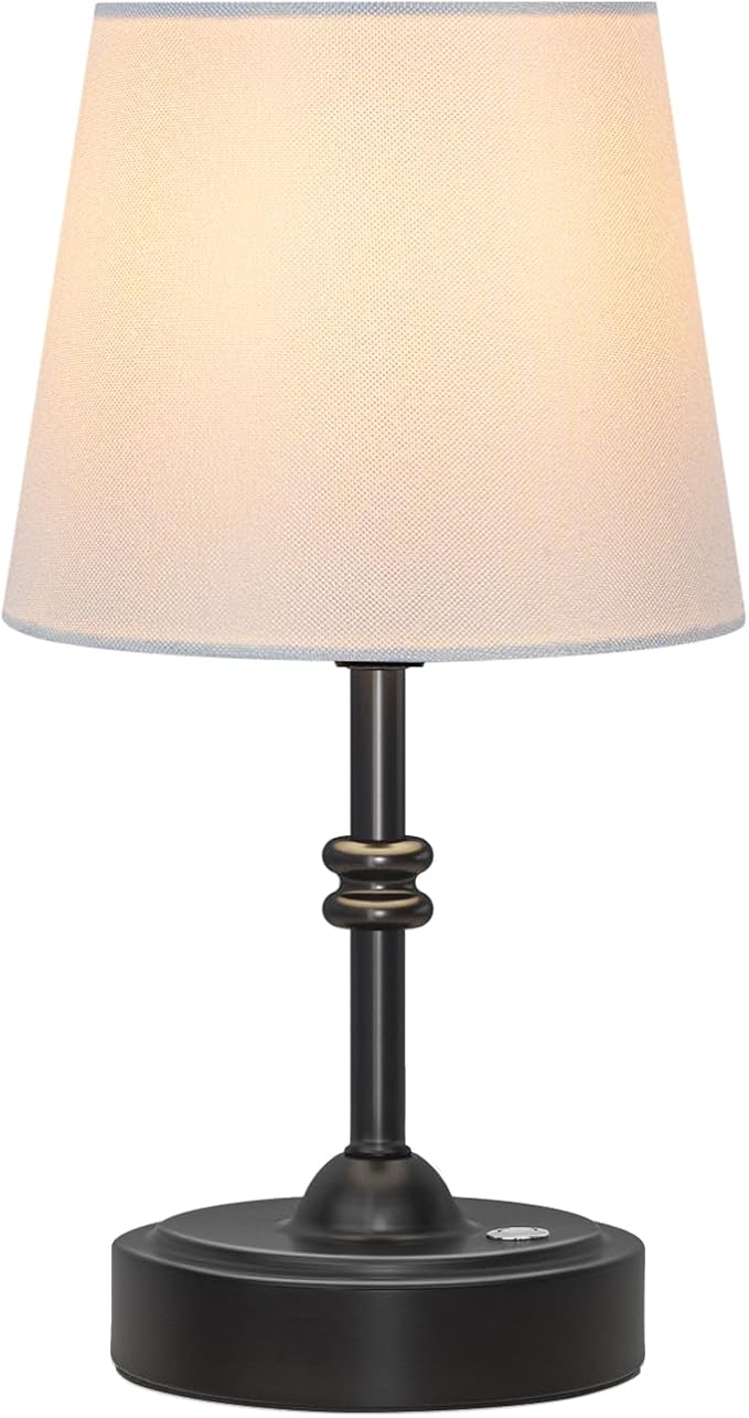 ONEWISH Small Cordless Lamp Dimmable-Battery Operated Table lamp, 4000mAh Rechargeable, Touch Bedside Lamp with White Fabric Shade, 2700K Bulb Included, for Dining, Patio, Bathroom(Black)