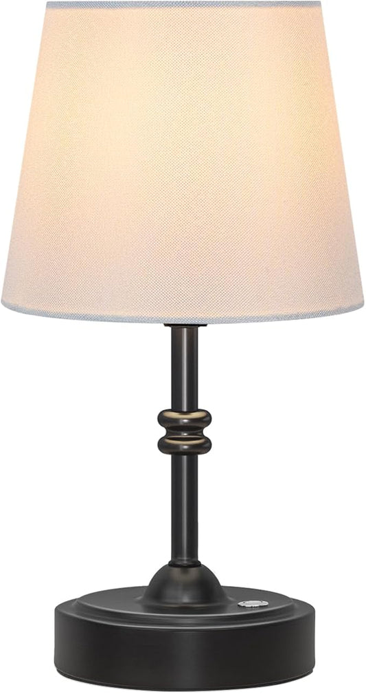 ONEWISH Small Cordless Lamp Dimmable-Battery Operated Table lamp, 4000mAh Rechargeable, Touch Bedside Lamp with White Fabric Shade, 2700K Bulb Included, for Dining, Patio, Bathroom(Black)