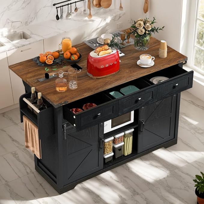 53.7" Farmhouse Mobile Kitchen Island Cart with Drop Leaf, Storage Island with Sliding Barn Door,Rolling Home Cart on Wheel Breakfast Bar Table with Power Outlet,3 Drawer,Cabinet,Tower Rack(Black)