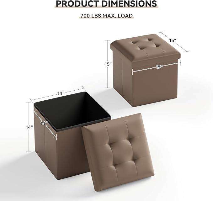 Storage Ottoman Bench, 15 Inch Ottoman Foot Rest, End of Bed Bench, Storage Chest, Load 700 lb, for Living Room, Bedroom, Entryway, Brown