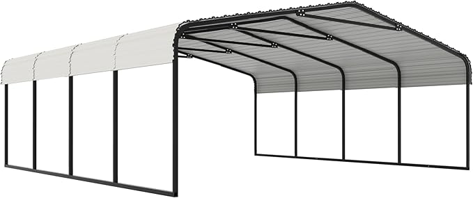 20x20 FT Carport with Metal Roof, Heavy Duty Metal Carport Canopy, Garage Car Shelter Shade for Outdoor, Car, Truck, Eggshell
