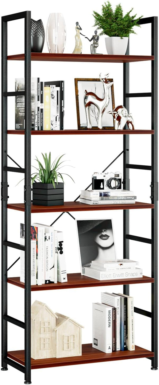 NUMENN 5 Tier Bookshelf, Tall Bookcase Shelf Storage Organizer, Modern Book Shelf for Bedroom, Living Room and Home Office, Teak